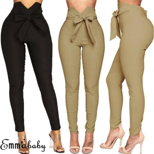 2019 Elegant Women Slim High Waist Pants Belted Lady Ankle-length Trouser Women Pencil Pants