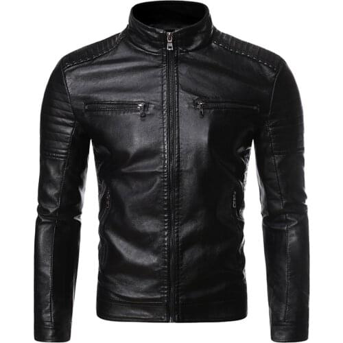 2020 Autumn and Winter New High Quality Fashion Trend Zipper Pocket Motorcycle Stand Collar Slim Ruched Mens Leather Jacket