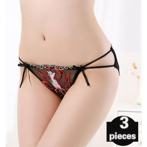 3 pcs Womens underpants Embroidered Womens lace shorts Sexy lingerie low-waist transparent thong breathable cotton crotch