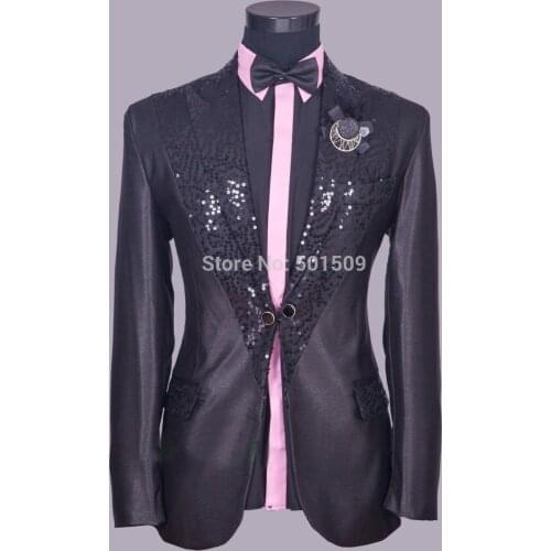Free shipping mens black sequins collar decoration tuxedo suit black suit/stage/event