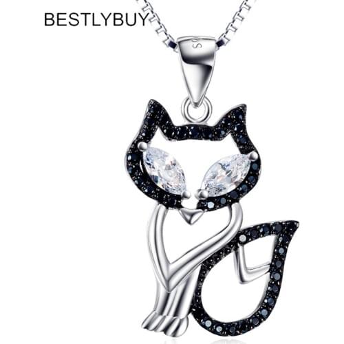 BESTLYBUY Cute Fox Dancing Zircon Pendant Fine Long Chain Necklace 925 Sterling Silver Fine Necklace Women Girls Party Gift