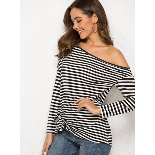 Black Striped T Shirt Women Long Sleeve Off Shoulder Casual Loose Striped T-Shirts Female Jumper Pullover Shirts