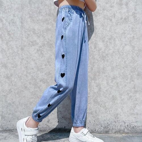 Children Trousers 2021 New Fashion Jeans For Teenage Girls Kids Pants Elastic Waist Heart-shape Print Casual Anti-mpsquito Pants