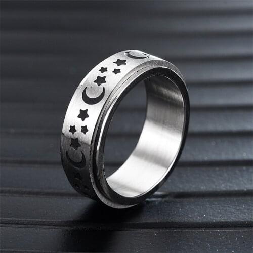 Stainless Steel Moon Star Enamel Spinner Ring Wedding Band for Women Men Sz 6-13