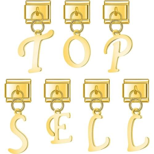 Hapiship Fashion Cutting Polishing Gold 26 Letter Italian Links Charm Fit 9mm Stainless Steel Bracelet Jewelry DIY Making DJ413