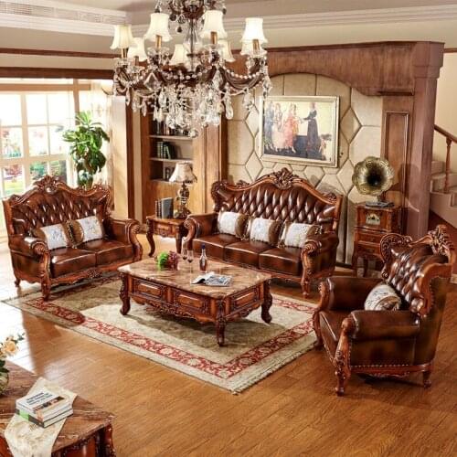 Antique Color Solid Wood Carving European-style Leather Sofa First Layer Cowhide, Villa Size and Living Room Combination