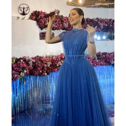 Fashion Vestidos De Fiesta O Neck Lace Pleated Short Sleeve Floor Length Evening Dresses