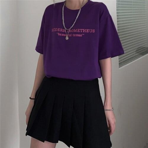 Summer Korean letter printing purple loose cotton short T-shirt Harajuku punk hip-hop cute casual O-neck vintage women T-shirt