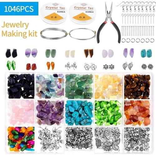 HOT 983/1046pcs Irregular Gemstone Beads Kit With Spacer Beads Lobster Clasps Elastic Jump Rings For DIY Jewelry Making Supplies