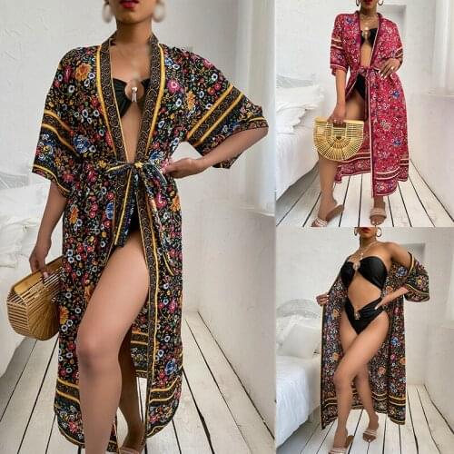 Open Long Kimono Dress Summer Women Floral Kimono Swim Cover-Ups Female Beach Boho Cardigan Bathing Tops Beach Bikini Outfits