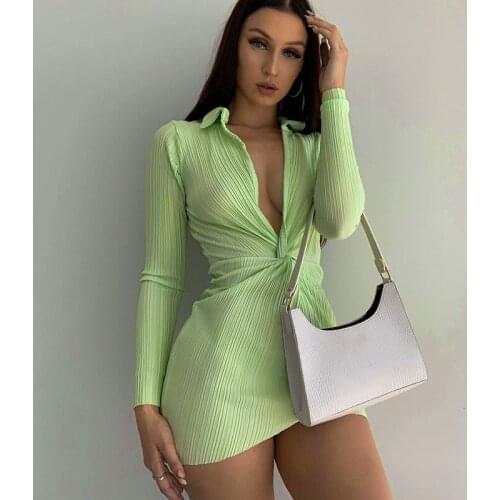 Sexy V Neck Long Sleeve Mini Dress Autumn Kinked Green Turn-Down Collar Short Dresses Elegant Lady Women Party Vestido Clothes