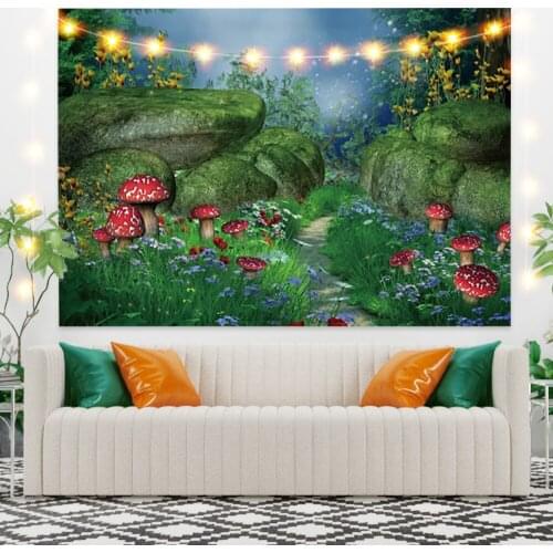 Natural Scenery Tapestry Fairy Tale Mushroom Forest Wall Hanging Bedroom Dorm Boho Summer Party Decor Picnic Beach Mat