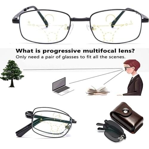 Foldable Progressive Glasses Folding Reading Glasses for Men Women Multifocal Photochromic spectacles with case full rim black