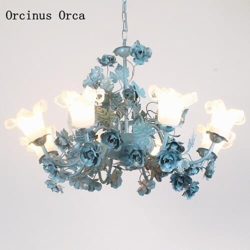 Mediterranean Retro Blue Rose chandelier living room dining room bedroom American Rural led Romantic Flower Chandelier