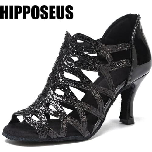 Hipposeus Ballroom Dance-Shoes Girls Tango Modern Women Latin Salsa Dance Shoes Female Soft Bottom Thin Heel Dancing ShoesParty