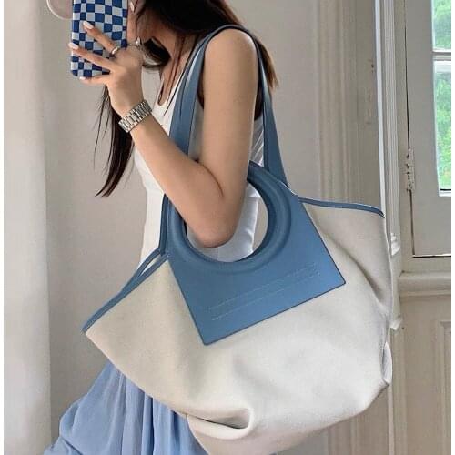 Large Capacity Canvas Tote Bag Patchwork Handbag Student Shoulder Bag Portable Shopping Bag 2021 New Fashion Summer Two Sizes