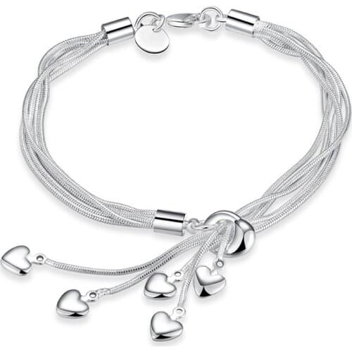 925 Sterling Silver Tassel Heart Charm Bracelet &Bangle For Women Girls Party Wedding Jewelry Pulseras Mujer sl256