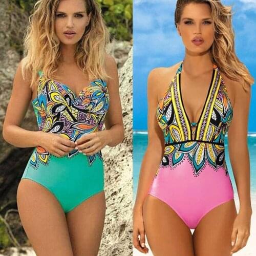 Printed One Piece Swimsuit Halter Bikinis 2021 Woman Retro Monokini Deep V Swimwear Women Plus Size Beach Backless Bodysuit Sexy