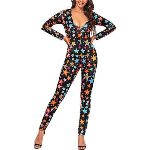 Ladies Casual Style Printed Long Jumpsuit Bodycon Pants with Star Patterns Women Long Sleeve One Piece Jumpsuits Overalls