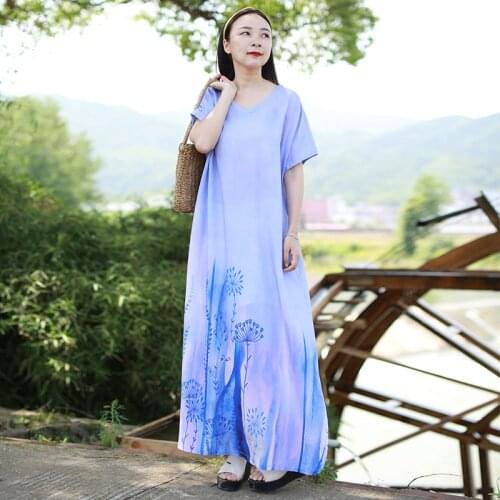 LZJN 2020 Womens Vintage Long Floral Dress Women Summer Beach Dress Short Sleeve V Neck Printed Maxi Dresses