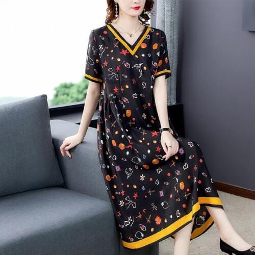 Female Vintage Black Print Mulberry Silk Midi Dresses 2021 Summer 4XL Plus Size Sundress Elegant Bodycon Party Runway Vestidos