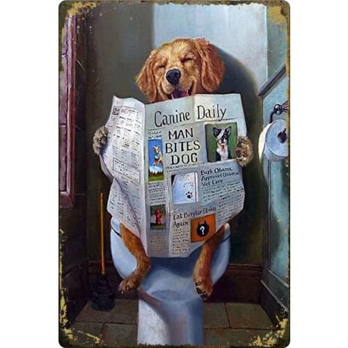 Retro Funny Dog Tin Sign, Golden Retriever Toilet Reading Newspaper, Bar Restaurant Toilet Art Wall Decoration