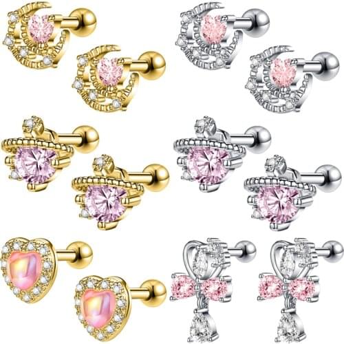 ZS 1Pair Heart Moon Stud Earring Cute Copper Ear Studs Women Girls Gold Sliver Plated Earring White Pink Crystal Earring Jewelry