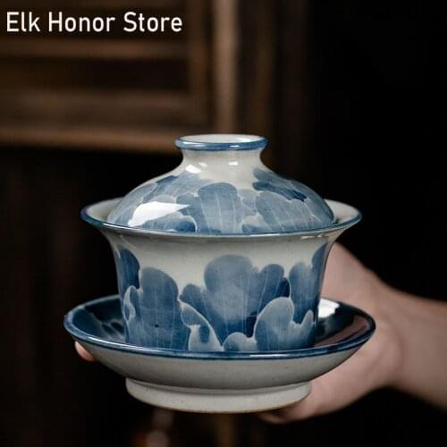 150ml Luxury Blue And White Tea Tureen Jingdezhen Hand Painted Lotus Flower GaiWan Tang Style Porcelain Bowls Tea Lid Set Teaset