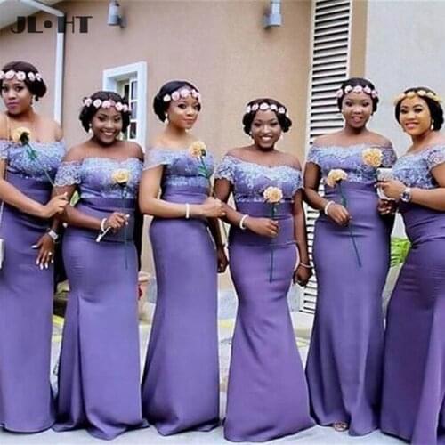 2021 New Design Cheap Long Boat Neck Purple Mermaid Wedding Bridal Bridesmaid Dresses