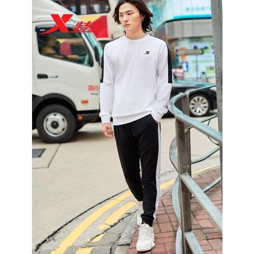 Xtep Mens White Sports Hoodies 2 Piece/Set Autumn New Sidestripe Knitted Casual Trousers Jogging Suits For Men 881329969076