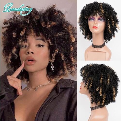 Beaudestiny Synthetic Short Curly Hair Afro Kinky Curly Wigs With Bangs For Black Women African Omber Glueless Wig Cosplay Femme