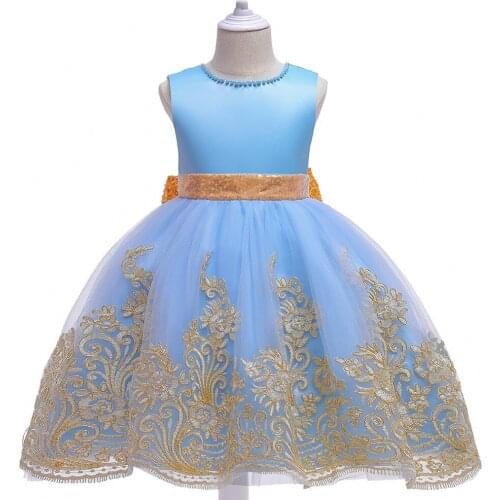 Kids Flowers Sequin Belt Blue Dresses for Girls Lace Gown Ballgown Vestido Infantil for Girls Christmas Dress with Pearls