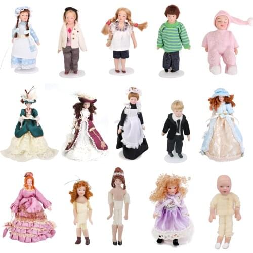 Porcelain Doll Little Girl Dollhouse Miniature 1:12 Scale in Blue Dress Display Stand Gifts