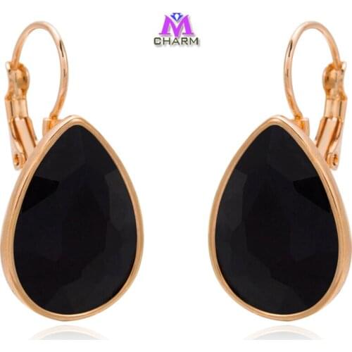 Brand Design!2015 Hottest Real Gold Plated Nickle Free Water Drop Black Big SWA Austrian Crystal Drop Jewelry Earrings For Women