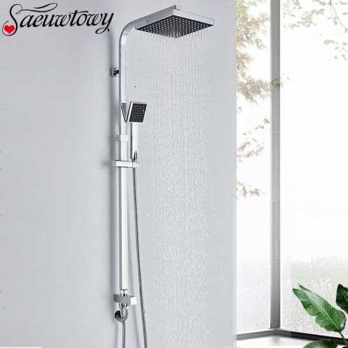 Chrome Bathroom Shower Faucet Set Rainfall Shower Tap Mult Function Handshower Slide Bar Bathtub Shower Set Hot Cold Mixer Crane