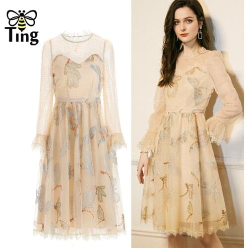 Tingfly Summer Autumn Soft Sweet Lady Girl Lace A Line Part Dresses High Quality Dragonfly Embroidery Lace Casual Street Dress