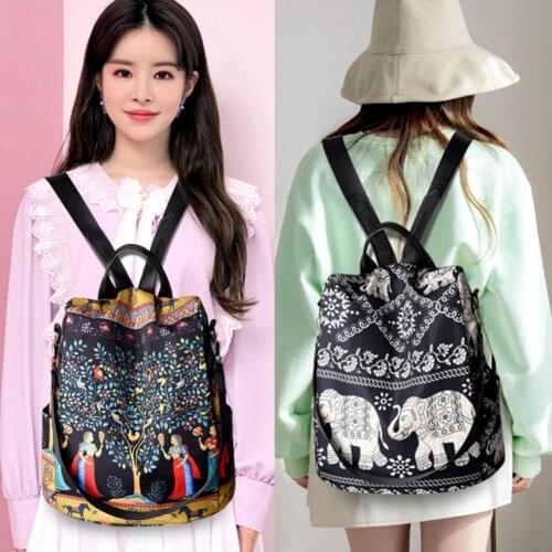 Fashion Oxford Elephant Tree Printed Large Capacity Travel Shoulder Bag Casual Multifunctional Anti-Theft Womens Backpack