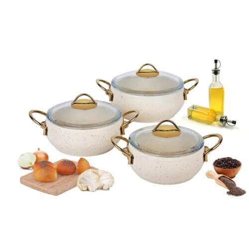 Cookware Set 3 piece Granite Stew Pot White Gold Handle Made in Turkey