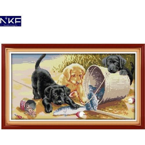 NKF Three Dogs Animal Cross Stitch Set Handmade Craft Needlework Cross-Stitch Embroidery Kit Cross Stitch for Home Decor