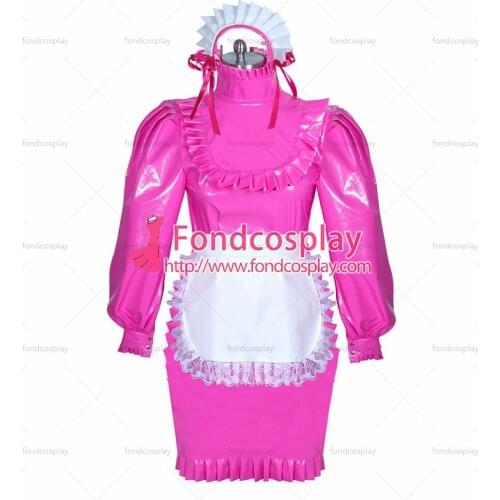 Fondcosplay adult sexy cross dressing sissy maid short French lockable hot pink thin PVC dress white apron Tailor-made[G3888]