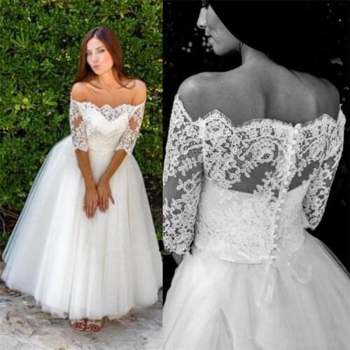 Vintage Tea Length Tulle Wedding Dresses Bridal Gowns A Line Boat Neck Half Sleeve Country Beach Vestidos De Novia