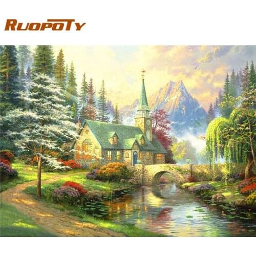 RUOPOTY Land Idyllic Beauty House Landscape Painting By Numbers For Adults DIY Framed Oil Paint Kits Canvas Wall Art Home Decors