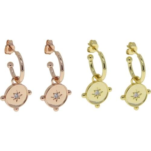 Single White CZ Starburst Star Signet Dangle Drop Earring Gold Color Geometric Round Coin Charm Jewelry