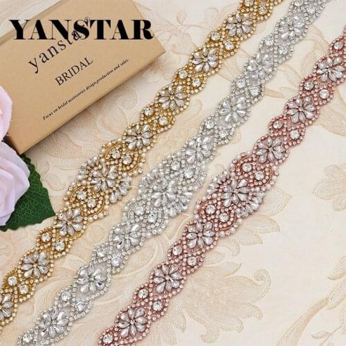 YANSTAR (30pcs) Wholesale 55*5CM Rose Gold Rhinestones Appliques Accessory Sewing On Wedding Dresses Belt YS834
