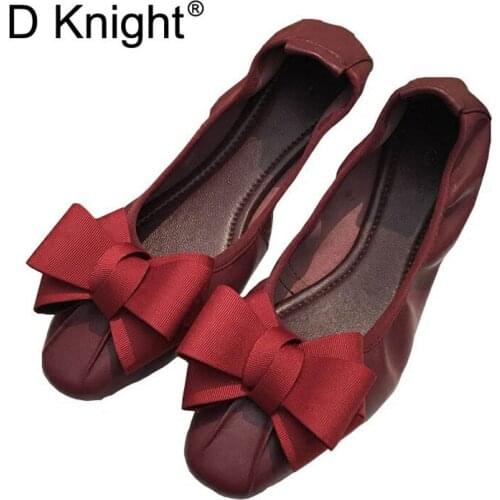 Genuine Leather Women Bow Tie Designer Flats Shoes Plus Size 34-42 Shallow Mouth Ballet Flats Shoes For Woman Slip On Loafers