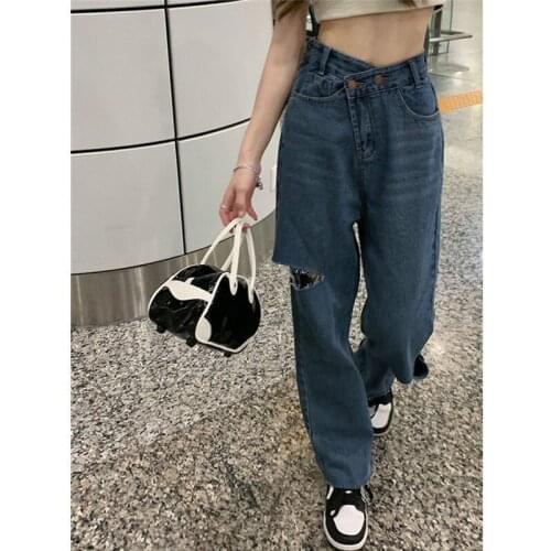2021 Women Jeans Vintage High Waist Pants Boyfriends Irregular Holes Full Length Mom Jeans Cowboy Denim Pants Boyfriend Jeans