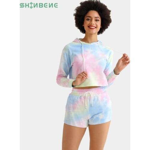 SHINBENE Tie Dye Crop Sweater+Leisure Shorts Gym Sport Sets Women Cotton Hooded Fitness Workout Long Sweater+Shorts 2Pcs/Set