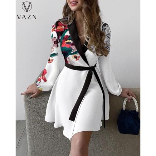 VAZN 2021 Autumn Patchwork Retro Overalls Sexy Young Sweet V-Neck Full Sleeve A-Line Dress Women For Evening Robe