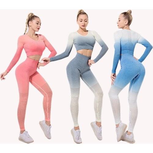 Women Yoga Set Ombre Running Fitness Sportswear Seamless High Waist Push Up Leggings Full Sleeve Shirts Workout Sets Gym