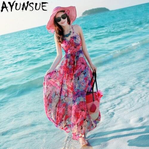 Ayunsue Summer Dress Chiffon Backless Boho Beach Sexy Spaghetti Strap Dress Long Floral V neck Vestidos SLD0620 Pph02